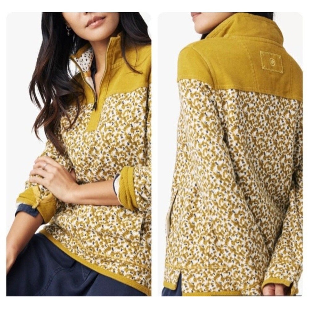 Fat Face Women’s The Airlie 1/4 Zip Pullover Yellow Floral Size 14 (L/XL) EUC